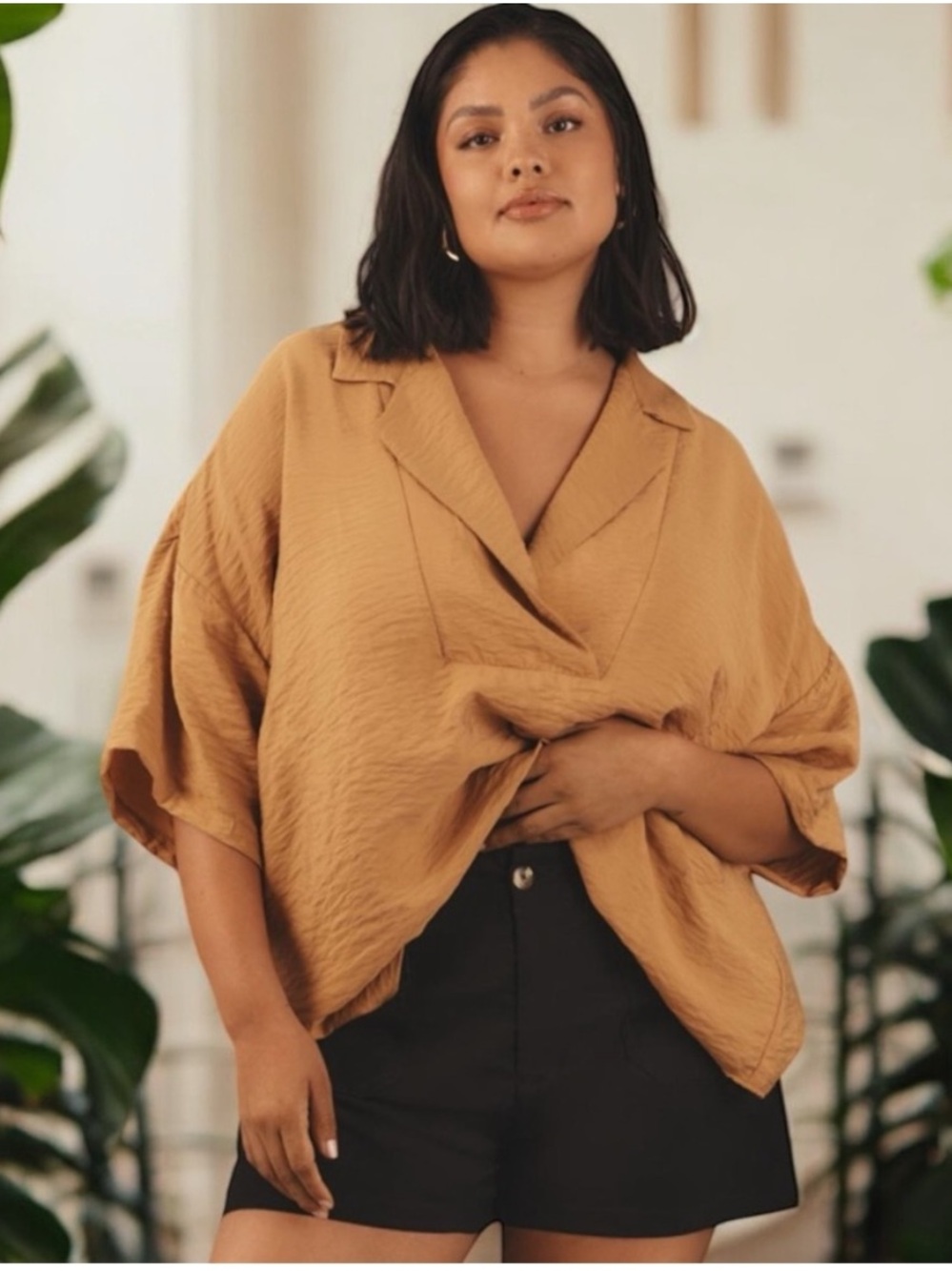 Anthropologie The Dylon Short Sleeve Wide Placket Blouse Tan Oversized Size xs